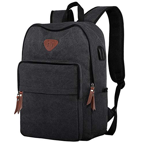 ibagbar Canvas Backpack Rucksack, Vintage Laptop Backpack with USB Charging Port Casual School Bag Travel Daypack for Men Women Fits up to 15.6 inch Laptop - Black III