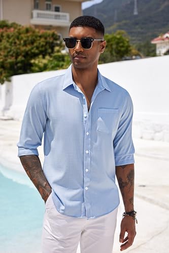 COOFANDY Men's Casual Button Down Shirt Long Sleeve Linen Chambray Shirt2