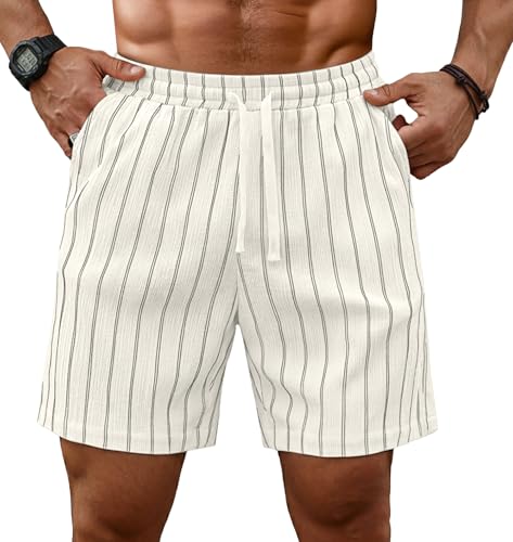 Sailwind Mens Striped Casual 7 Shorts Summer Beach Elastic Waist Drawstring Shorts with Pockets White