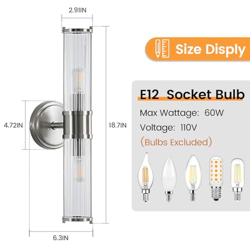 Image of Bathroom Sconce Wall Lighting - Nickel Bathroom Vanity Light Fixture Vertical and Horizontal Wall Mount 2-Light Modern Indoor Wall Light for Hallway Living Room(E12 Bulbs Excluded)