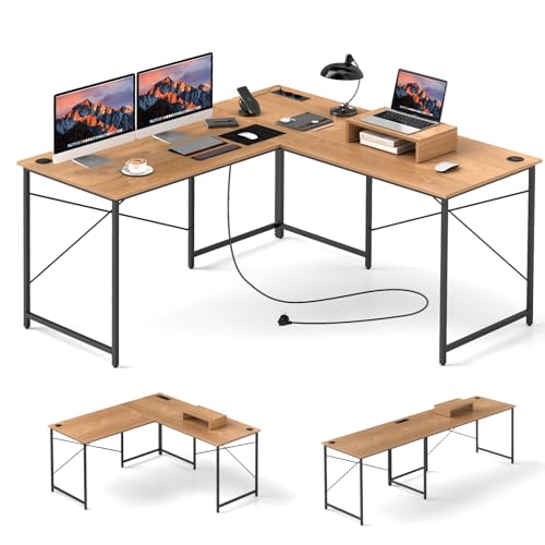 GIANTEX Escritorio de Ordenador en Forma de L, Escritorio de Esquina Convertible con 2 Enchufes, Puerto USB y Tipo C, Mesa de Oficina con Pasacables y Soporte para Monitor (Natural)