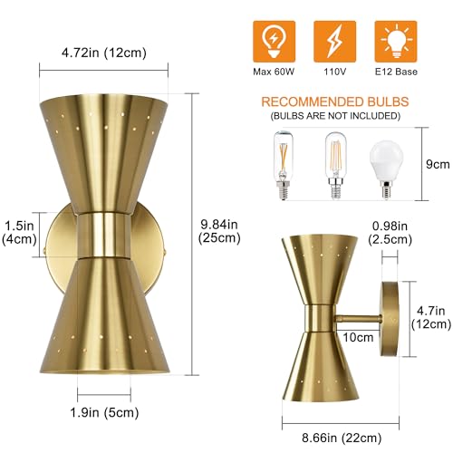 Image of Modern Brass Wall Sconce Set of 2, Small Mid Century Sconce Wall Lighting E12 Base Vintage Hardwired Wall Lamp Indoor Bathroom Wall Mount Light Fixture for Bedroom, Living Room, Hallway