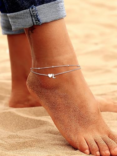 Image of PROSILVER Ankle Bracelets for Women S925 Sterling Silver Anklets for Women Waterproof, Dainty Layered Heart Anklet, Beach Initial Anklet for Summer, Letter A-Z