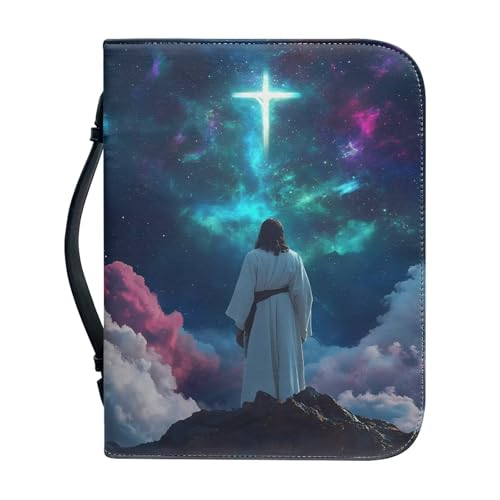 Talayituse Jesus Cross Print Faux Leather Bible Cover for Men Women - Galaxy Cloud Design Christian Case With Handle - Waterproof Book Carrying Case Protector Tote Bag Handbag, Size 2XL