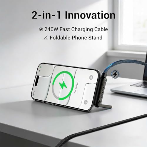 Image of Invisible Holder Charger Cable, 240W PD Fast Charging Cable for Desk, USB-C to USB-C Cable 4.9 FT with 360 Adjustable Metal Stand, 2 in 1 Holder Charger for Gaming, Office, Home, 1 pack