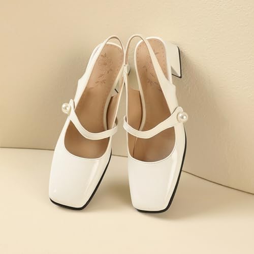 Optigard Women's Patent Leather Slingback Chunky Heel Mary Janes Comfortable Closed Square Toe Mid Block Heel Pumps with Elastic Strap Slip On Party Dress Shoes3