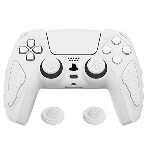 PlayVital Edici�n Knight Funda Silicona Carcasa de Goma Antideslizante para Control Playstation 5, Protector Tacto Suave con Tapas para Joysticks para Mando de PS5 DualSense - Blanco