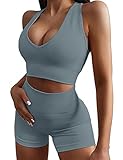 Micoson Womens Workout Outfits for Women 2 Piece Seamless Ribbed High Waist Leggings with Sports Bra