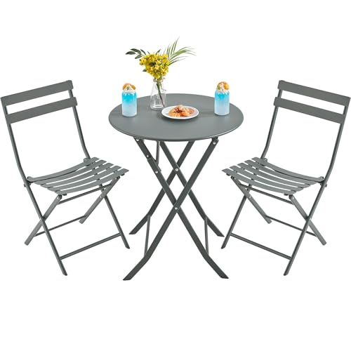 Yaheetech 3-Piece Folding Bistro Set, Outdoor Bistro Table and Chairs Set, Space-Saving Garden Furniture for Balcony Yard, Grey