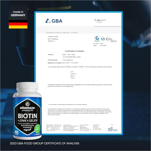 Vitamaze Biotin hochdosiert 10.000 mcg + Selen + Zink für Haare, Haut & Nägel, 365 vegane Tabletten für 1 Jahr, D-Biotin, Nahrungsergänzung ohne Zusatzstoffe, Made in Germany