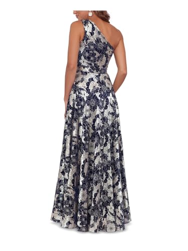 Image of Betsy & Adam Women's Long Sleeveless One Shoulder Metallic Print Gown, Navy /Gold, 10