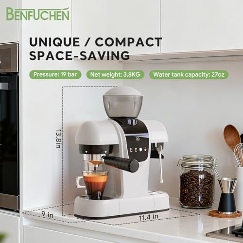 BENFUCHEN Bean-to-Cup Coffee Maker, Automatic Espresso Machine with Grinder and Milk Frother, 1350W for Home and Office (White) - Image 8
