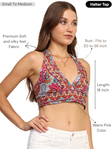 Image of KE KANHA EXPORTS Halter Neck Wrap Top|top for Women|Backless Tops for Women|Halter Neck Tops|Adjustable wrap Waist|Boho Beach Border Print|Easily fits S-M|Bust30-36Inch|LengthUpTo 18Inch