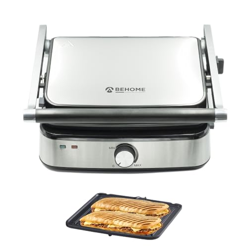 BEHOME Griglia Elettrica Antiaderente in Ghisa con Piastre Removibili 2000W | Griglia Elettrica Barbecue Temperatura Regolabile e Vaschetta Raccogli Grasso