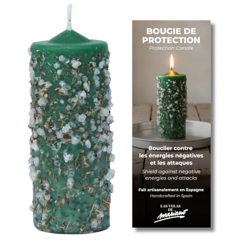Bougie de protection avec sels et résines - Bougie ésotérique artisanale verte 5,5 x 14 cm - Nettoyage énergétique et contre les mauvaises énergies - Ritualisée...