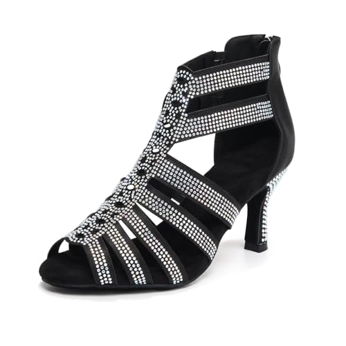 Dance Boots for Women Latin Salsa Ballroom Performance Dress Shoes 3 Inch Heel Rhinestones Suede Sole Dance Shoes