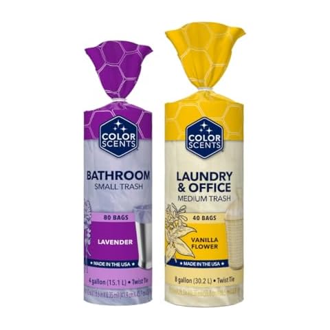 Color Scents Small Trash Bags - 4 Gallon, 80 Bags (1 Pack of 80 Count), Twist Tie - Lavender Bag with Lavender Scent (1 Pack of 80) & Medium Trash Bags, Twist Tie - 8 Gallon Trash Bags, 40 Count Cover