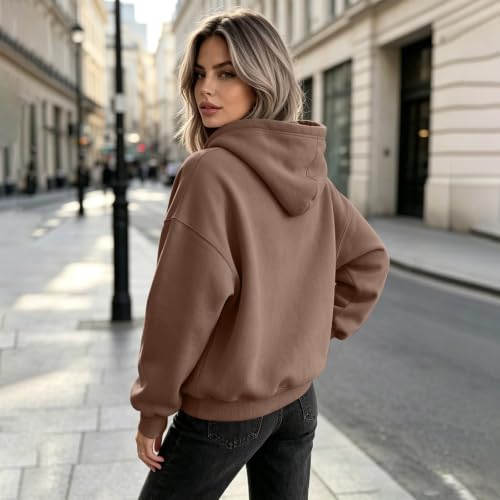 Womens Hoodie Oversized Vintage Fleece Pocket Hooded Sweatshirt, Coffee | Lightweight, Loose Fit, Plain Cozy, Long Sleeve Tops, Ribbed Cuff, Beach Vacation, Business Casual, Travel Fashion Clothing - image 2