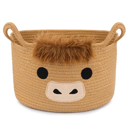 Hkojewp Oval Highland Cute Cow Basket for Nursery Large Woven Gift Basket Shelves Rope Cotton Storage Bins for Gifts Empty Baby Shower Blanket with Handles Towel Burr Decorative 13D x 8H in