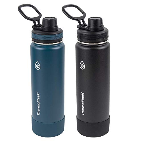 ThermoFlask Bottle with Spout Lid – Stainless Steel Water Bottles with Double-Wall Insulation & BPA-Free Spout Lids – Leak-Proof Reusable Bottles & Lids – 24 oz, Mayan Blue/Black (2 Pack)