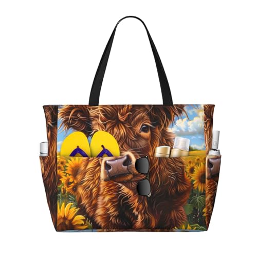 Cloud Sky Sunflower Cow Print Beach Pool Bags Tote For Women Ladies Large Gym Tote Carry On Bag For Weekender Travel Waterproof