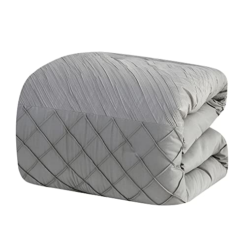 Hig 7 Pieces Modern Pintuck Comforter Set With Pleated Stripes Queen, Gray Classic Down Alternative Bedding Set For Bedroom, All Season Bed In A Bag - 1 Comforter, 2 Shams, 4 Decor Pillows (22132) #TOP5