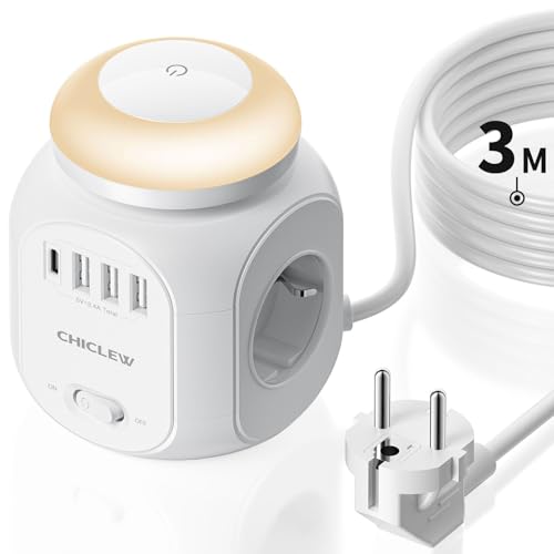 CHICLEW Regletas Enchufes Proteccion Sobretension, Cubo Enchufes con USB 8 IN 1, Enchufe Multiple con 4 Tomas y 3 USB y 1 USB-C, Ladron Enchufes con Luz Nocturna el Hogar Oficina y Viajes, Cable 3M
