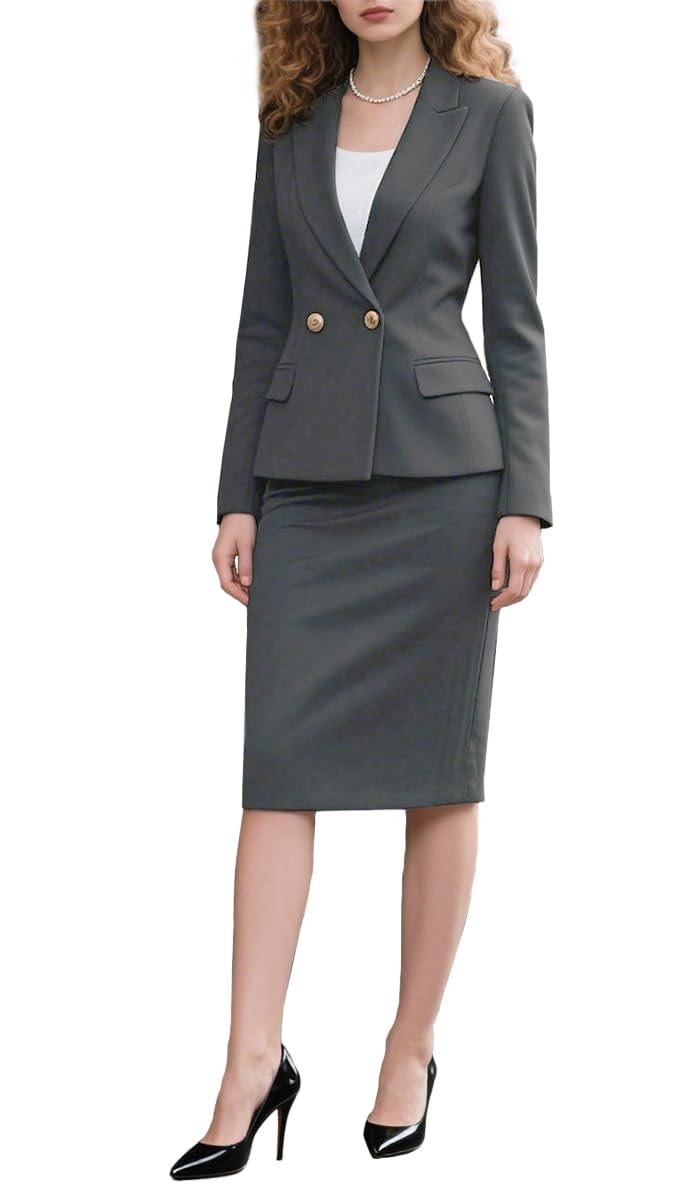 Womens 2 Piece Suit Skirt Set Double Breasted Womens Business Skirt Outfit Formal Dress Suit