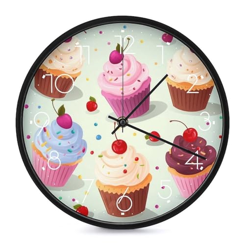 LYHVSFJW Delicious Cupcakes Horloge murale analogique silencieuse sans tic-tac Horloge numérique ronde décorative pour salon, salle de bain, cuisine, salle...