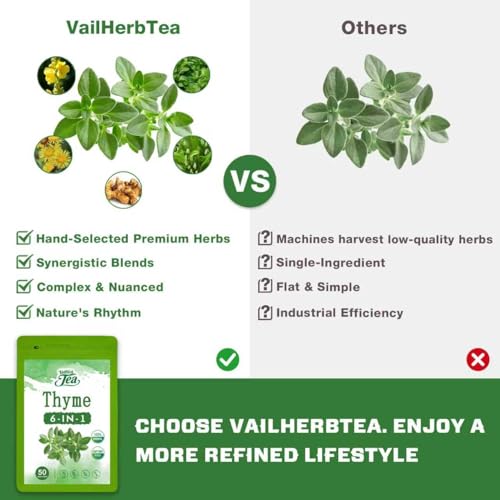 Image of VailHerbTea Thyme Leaves Tea Bags for Respiratory System Support, 6-in-1 Herbal Tea with Mullein, Elecampane for Throat & Digestive Support. Caffeine-Free - 50 Count