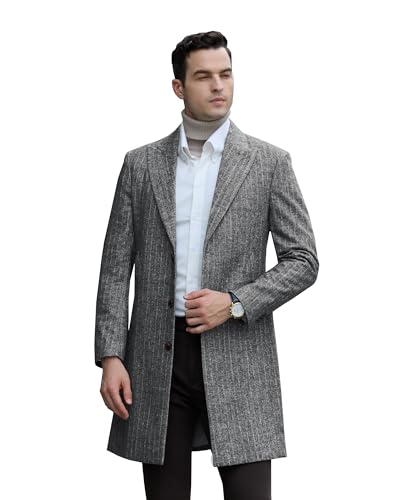 Image of Mens Trench Coat Herringbone Wool Peak Lapel Single Breasted Long Slim Fit Pea Coat Business Suit Jacket for Men