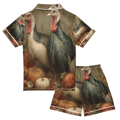 Satin Pajama Sets Short Sleeve Thanksgiving Turkeys Autumn Button Down Silky Nightwear 2 Piece PJS 5-14Y2