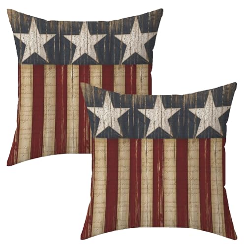 NUTEEN 4th of July Pillow Covers 18x18 Set of 2, Vintage Stripes Stars Decor America Flag Throw Pillows Independence Memorial Day Pillowcase Patriotic Decorations Outdoor Cushion Case for Couch