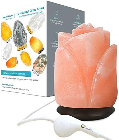 Omonic 100% Authentic Handcraft Natural Himalayan Salt Lamp Night Light,Flower Rose Pink Crystal Rock Salt from Himalayan Mountains; Hand Crafted Rose Wood Base, UL-Listed Touch Dimmer Cord; 8 lbs