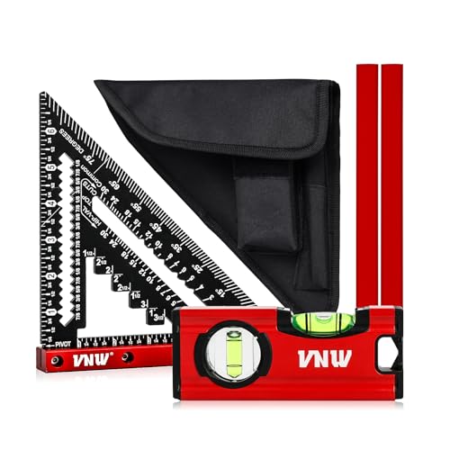VNW 7inch Rafter Square with Carpenter Pencil, 1/8" Precision Heavy Duty Aluminum Woodworking Rule,Triangle Ruler Measuring Layout Tool (Black, Rafter Square with Bag)