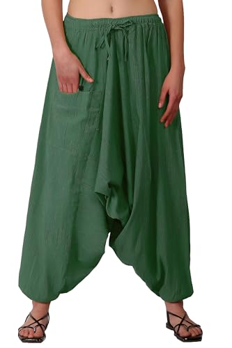Whitewhale Mens Women Cotton Stripe Aladdin Loose Baggy Boho Hippie Harem Pants Dark Green