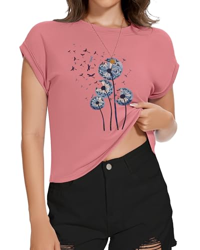 Image of Womens Crop Tops Summer Roll Cap Sleeve Cropped Tshirt Loose Fit Basic Tees