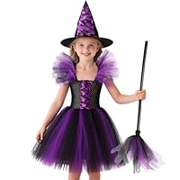 HarnyLoom Witch Costume Kids Girl Witches Dress Princess Outfit Scary Purple Hat Brooms Party Cosplay Carnival Fancy Dress (Purple, 110 (4-5 years))