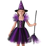 【Deguisement Sorciere Fille】 Amusez-vous avec ce costume de sorcière enchantée ! Ses riches touches de noir et de violet rendent ce costume de sorcière en tulle à la fois effrayant et adorable. Complétez votre look avec un chapeau de sorcière assorti orné d'un ruban violet !