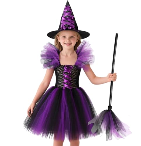 Fantasia de bruxa de Halloween para menina, disfarce de bruxa roxa para meninos, meias para menina, saia, vestidos, chapéu de bruxa, vassoura, bastão de vassoura (roxo, 100 (3-4 anos))
