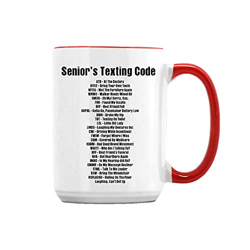 Getagift Senior Citizen Gift Olders Texting Code Fathers Day/Mothers Day Gift for Grandparent Secret Santa Birthday Coffee/Tea/Cocoa, Novelty Cup, Unique 15oz Ceramic Mug. (Red Inside)