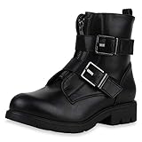 sandalen stiefeletten  SCARPE VITA Damen Stiefeletten Biker Boots Zipper Leder-Optik Schuhe Kurzschaft-Stiefel Schnallen Herbstschuhe 184075 Schwarz Metallic 37