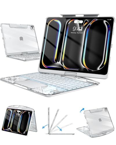 Image of Clear Keyboard Case for iPad Pro 13 inch (M5 /M4, 2025 /2024), Transparent Protective Cover with 7-Color Backlit Keyboard, 360 Rotating Stand, Multi-Touch Trackpad and Pencil Holder, White