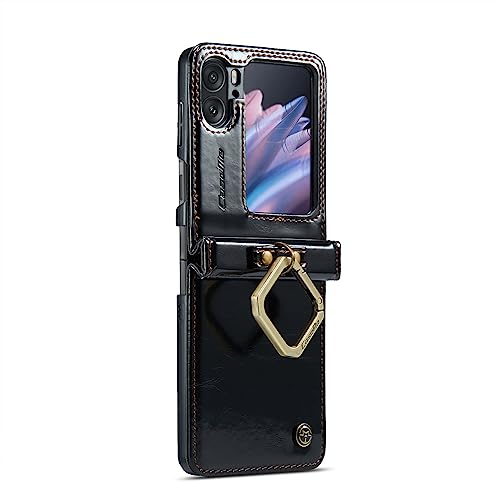 UFinetech OPPO Find N2 Flip Case, Shockproof with Hinge Ring Kickstand Wristband Protective Cover for OPPO Find N2 Flip 5G, Leather Magnetic Anti-scratch Bumper Phone Protection Case Cute 2023, Black