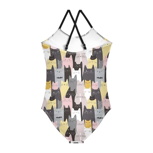 senya Girls Swimsuits One-Piece Swimwear Tie Bathing Suit Beach Summer Round Neck 9-10T Various Cat Pattern2