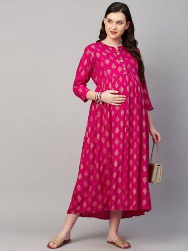 Image of MomToBe Women's Rayon Midi Maternity Dress /Feeding Dress /Pregnancy Dress /A-Line Western Dress with Zippers for Nursing Pre and Post Pregnancy - All Over Print