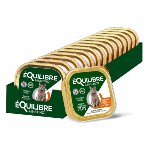 EQUILIBRE & INSTINCT - Chat Stérilisé - Pâtée Nourriture Humide Volaille - Favorise la Production d'Énergie - Recette Complète Formulée avec des Vétérinaires - 14x85g - Fabriqué en France