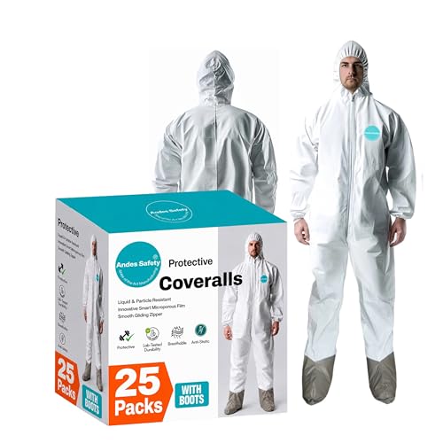Andes 25 Pack Hazmat Suits Protective Coveralls with Boots Heavy Duty Full Body Disposable Painters Suits Lab Coveralls (X-Large)