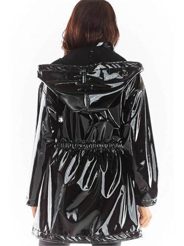 Women Casual Black Patent Leather Hooded Trench Coat Loose Fashion Long Sleeve Plus Size PU Leather Jackets2