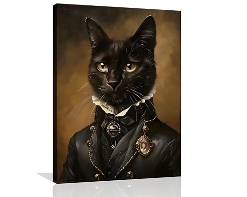 OWNANRTHM Gothic Cat Canvas Wall Art Funny Cat Poster for Wall Gothic Academia Poster Halloween Animal Portrait Canvas Painting Funny Black Cat Picture for Living Room Bedroom Wall Framed 8X10 inch